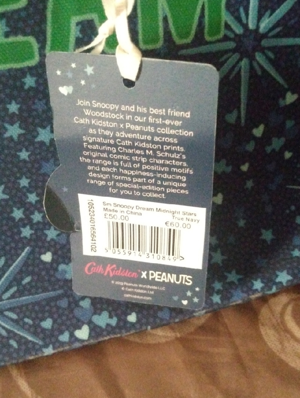 Cath Kidston Navy Star Print Tote with Tan Handles and Green 'DREAM' - Picture 7 of 7